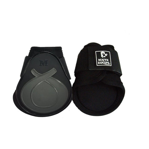 Light weight young horse (FEI legal) fetlock boot featuring dilatant foam impact protection. Black